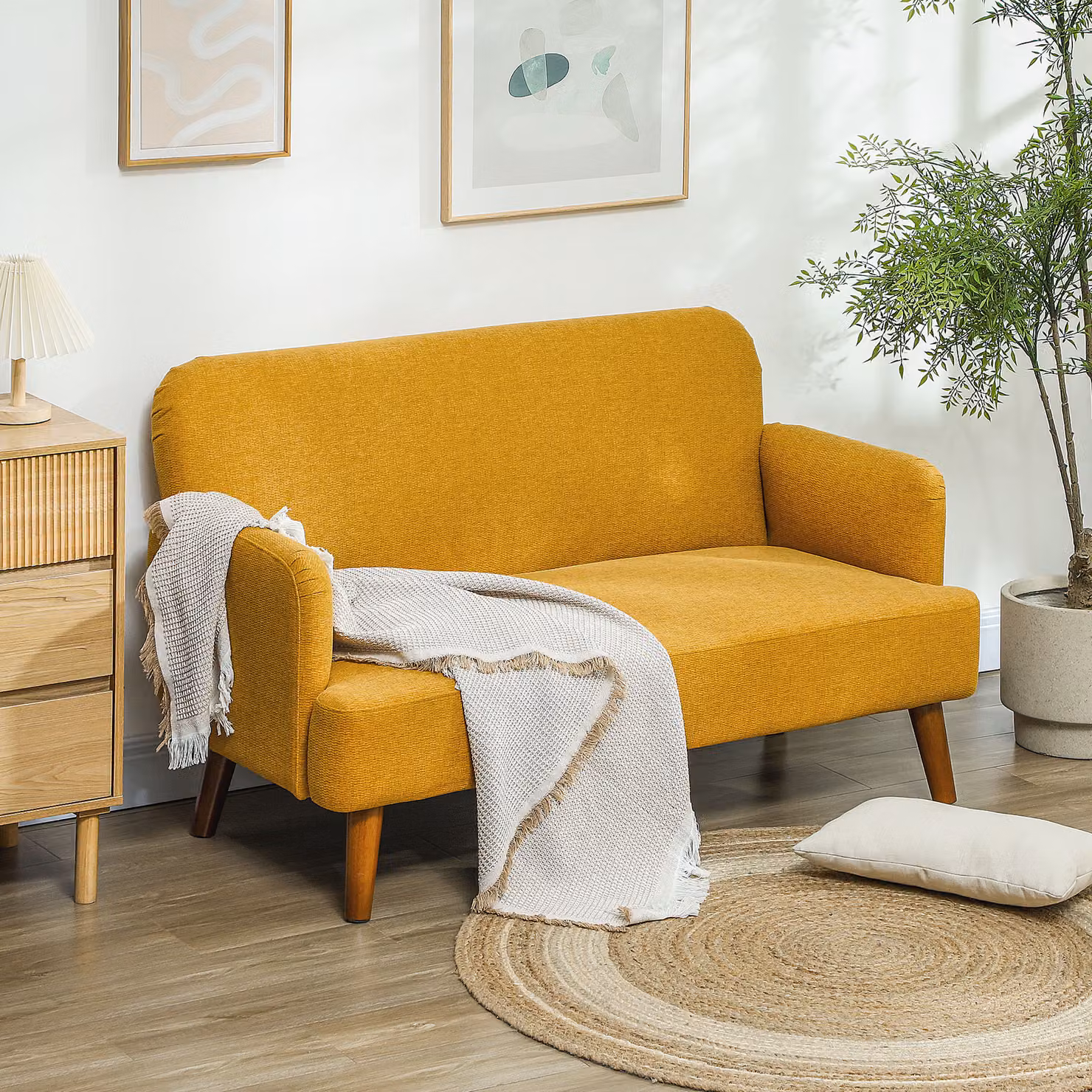 HOMCOM Yellow Velvet Fabric 2 Seater Sofa with Rubberwood Legs – 2
