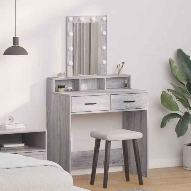 Berkfield Home Makeup Table with Hollywood LED Lights in Grey Sonoma, W: 79 cm, D: 41 cm, H: 140 cm – 1