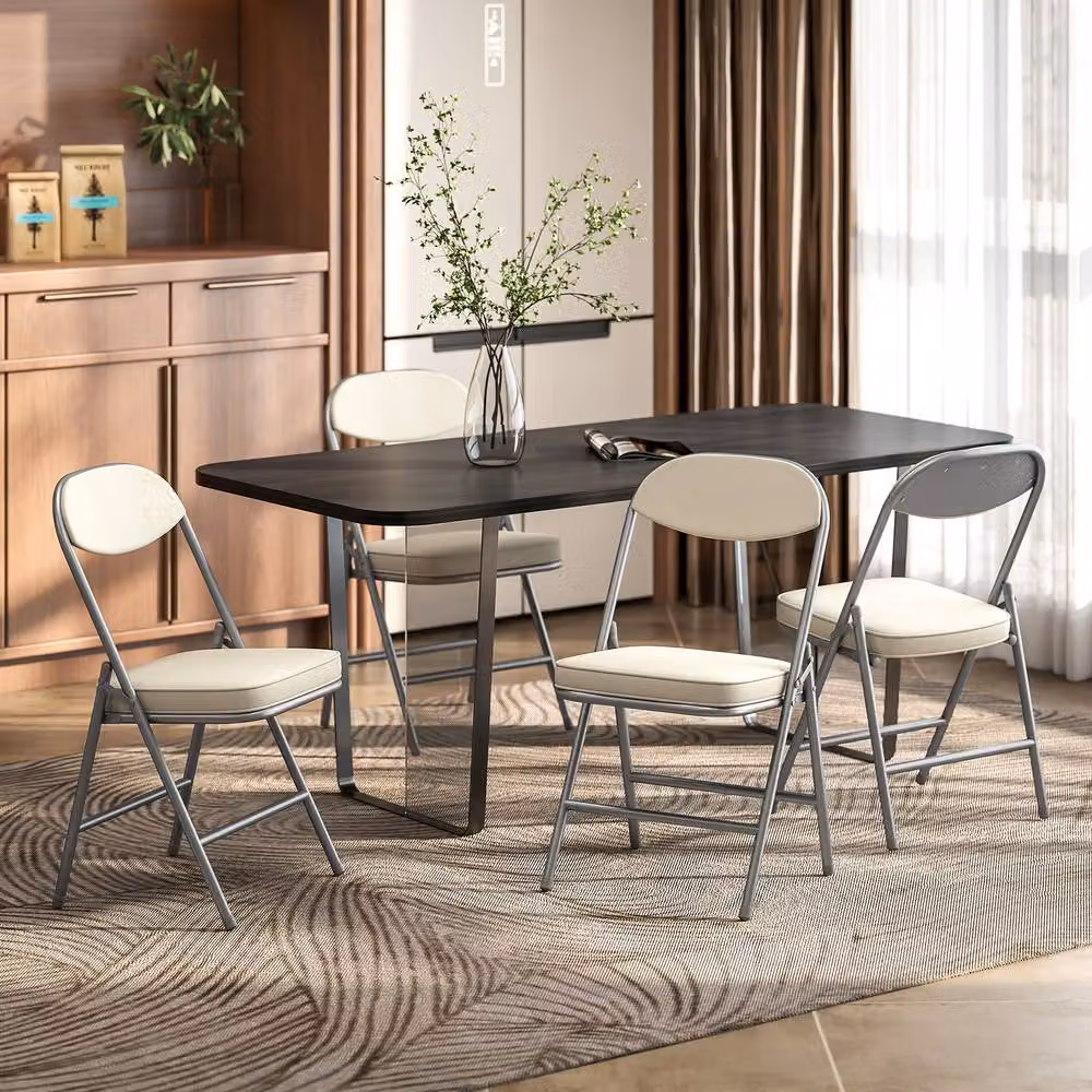 STILVORA Set of 4 White Corduroy Upholstered Folding Chairs with Metal Frame – 3