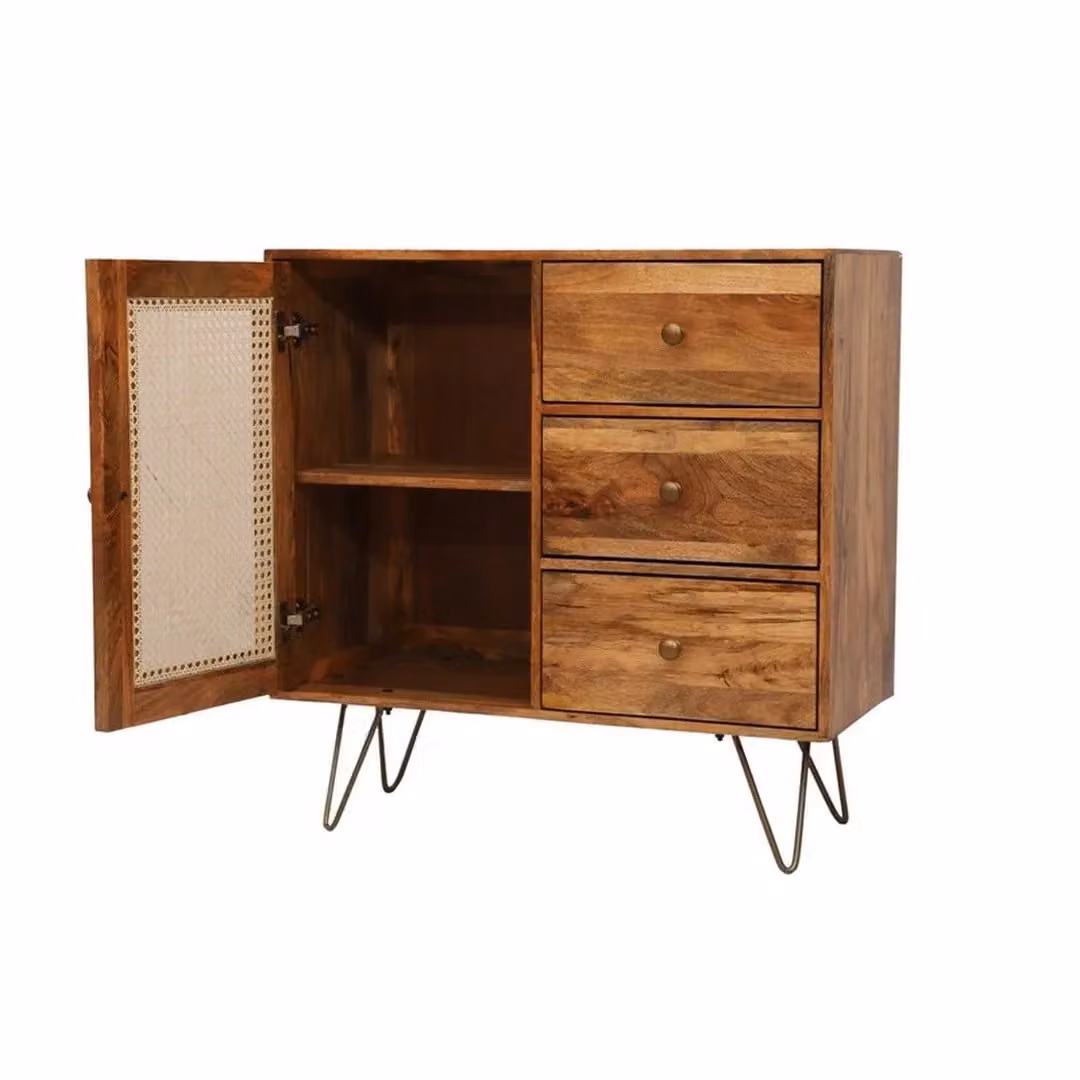 Jaipur Furniture Ltd Nyack Small 3 Drawer Sideboard in Light Brown Mango Wood and Iron with Natural Rattan, W: 90 cm, D: 40 cm, H: 87 cm – 2