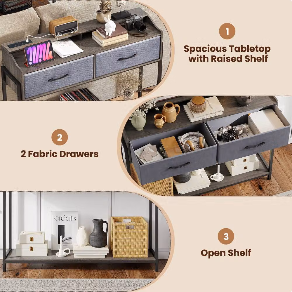 Costway Grey Industrial Console Table with Charging Station and Shelves – 7