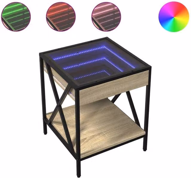 Berkfield Home Infinity LED Bedside Table in Natural Sonoma Oak with Mirror Top, W/D/H: 40 x 40 x 49 cm