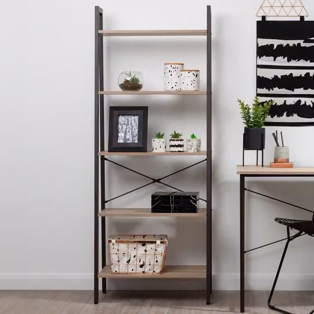 Orsina Five Tier Oak Veneer Ladder Shelf Unit in Grey, Industrial Style Freestanding Open Back Shelf, W/D/H: 64 x 34 x 164 cm – 1