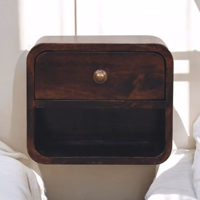 Artisan Furniture Solid Mango Wood Mini Curved California Walnut Wall Mounted Bedside with Open Slot, Brown