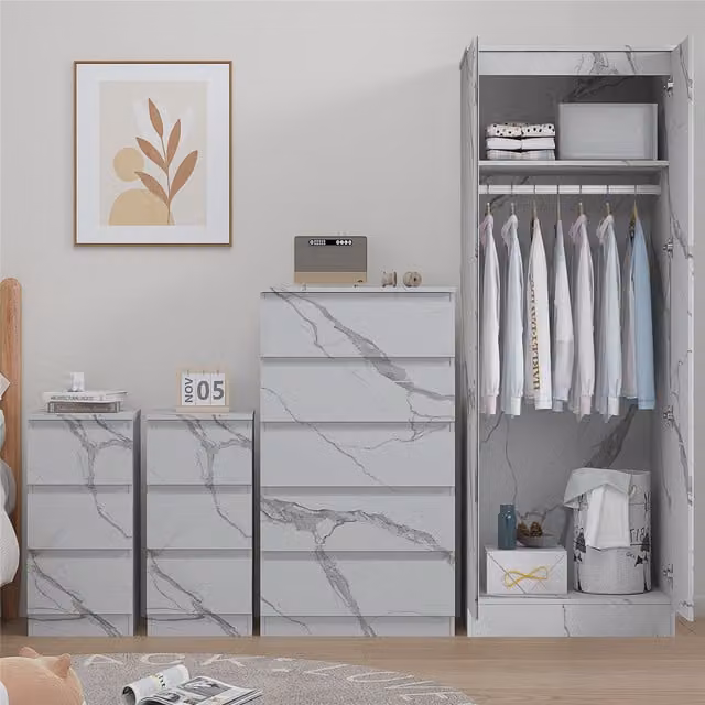 ZITA 4 Piece Bedroom Furniture Set in Grey and White Marble Effect featuring 2 Door Wardrobe, Tall Chest and 2x 3 Drawer Bedsides