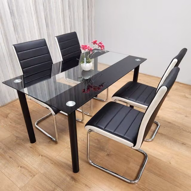 Kosy Koala Modern Rectangular Dining Set with Clear Glass Table and 4 Black and White Leather Chairs