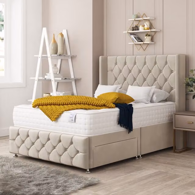 Bed Choices Elena Upholstered Divan Bed with 2 Drawers, Mattress and 26 inch Headboard in Cream, W/D/H: 120 x 200 cm