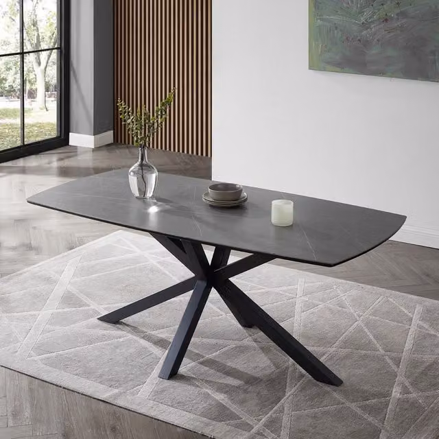 Home Detail Violet Grey Sintered Stone and Ceramic Rectangular Dining Table with X-Frame Metal Base – 1