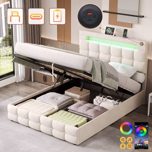 Rolipo Double Velvet Ottoman Bed Frame in Beige with LED Lighting and USB Charging Ports