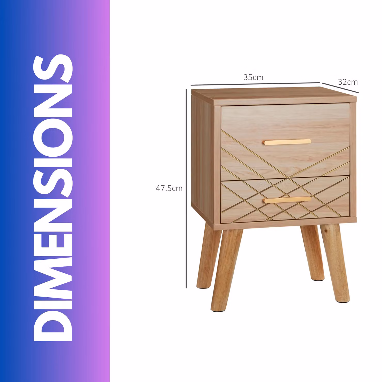Rafaelo Mobilia Natural Brown Bedside Table with Drawer and Gold Accents – 2