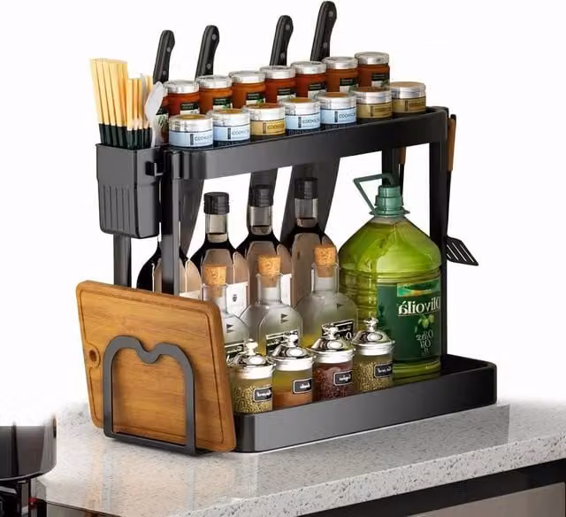 FORGEVIO Black 2 Tier Metal Spice Rack Organiser with Chopping Board
