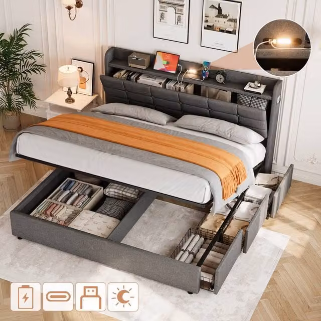 Rolipo Grey Linen Ottoman Bed with LED Under-Bed Lighting and USB Charging Ports, W/D/H: 180 x 200 cm