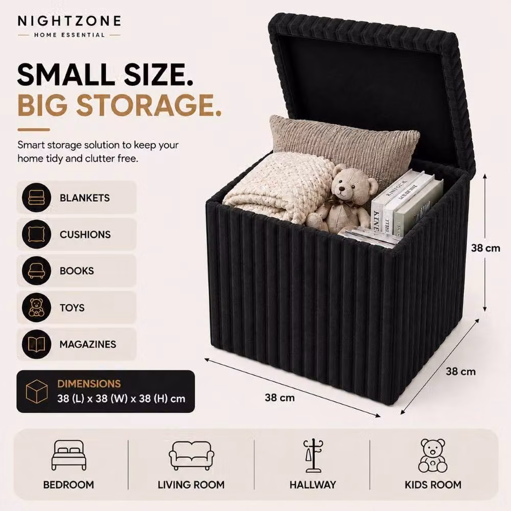 Homes-Linen Corduroy Ribbed Foldable Storage Ottoman in Black, W/D/H: 38 x 38 x 38 cm – 2