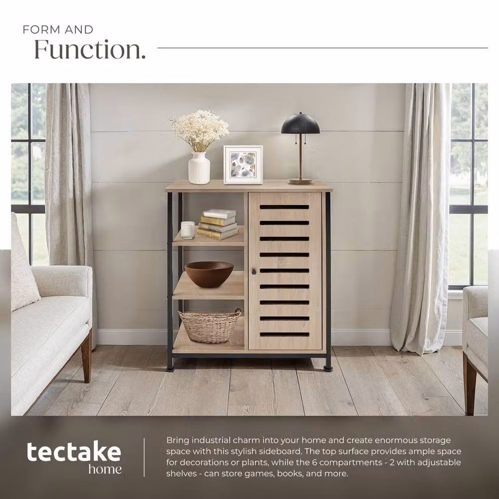 tectake Industrial Sideboard with 3 Open Shelves in Light Oak and Black – 4