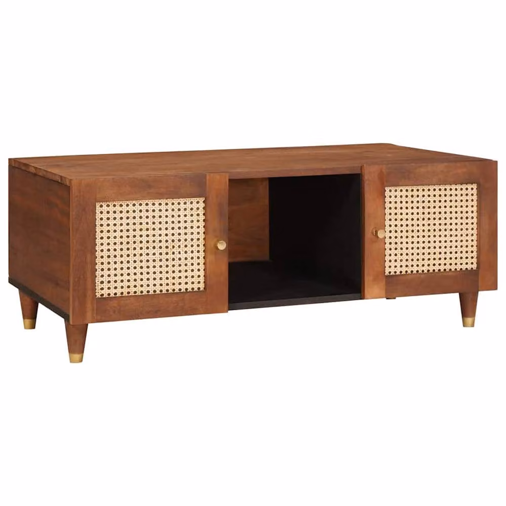 Berkfield Home Mango Wood Coffee Table with Rattan Door and Gold Details in Brown – 2