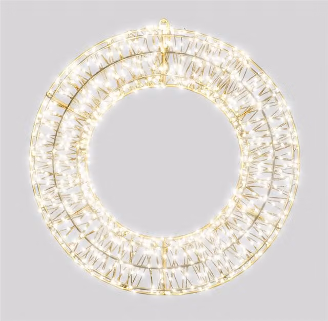 Xmas Haus White Metal 2D Wreath with 1200 Warm White LEDs in Black, W/D/H: 70 x 9 cm