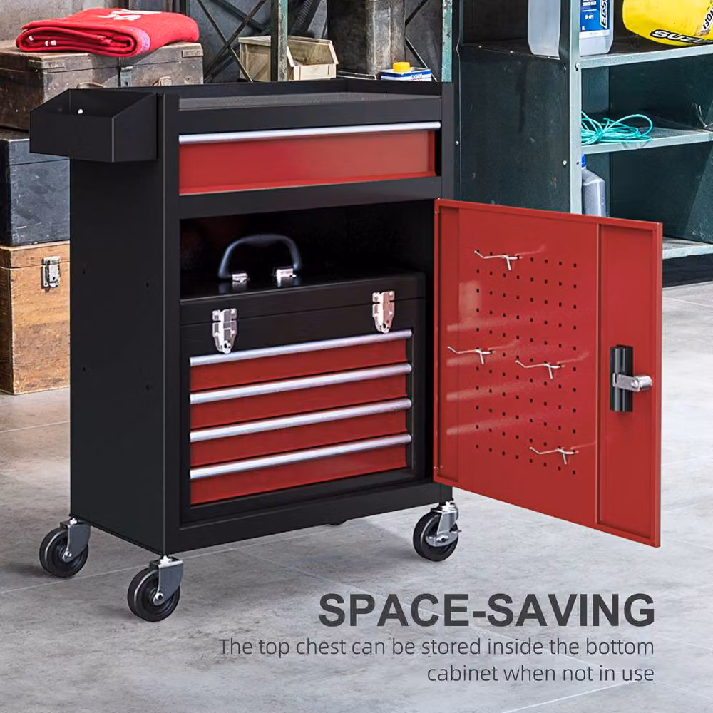 STILVORA Red Steel Tool Storage Chest on Wheels with Lockable Drawers and Cupboard – 5