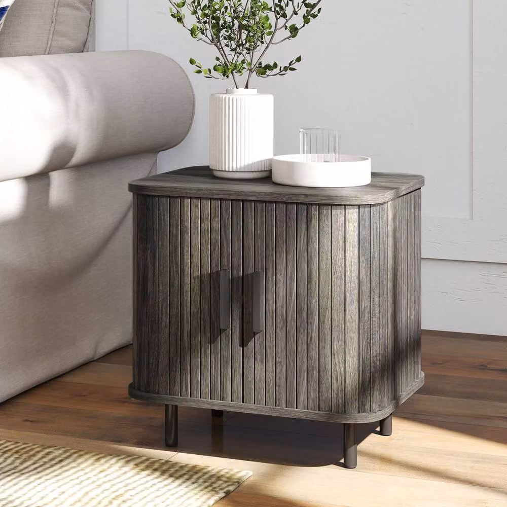 Wyld Haus Pasaba Grey Nordic Bedside Table with Tambour Sliding Door and Metal Legs W: 40.0 cm, D: 48.0 cm, H: 48.0 cm – 7