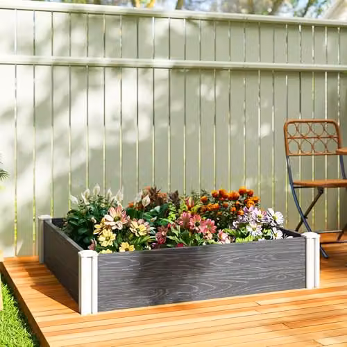 Outsunny Grey Plastic WPC Raised Garden Bed for Vegetable, Herb and Ornamental Gardens – 5
