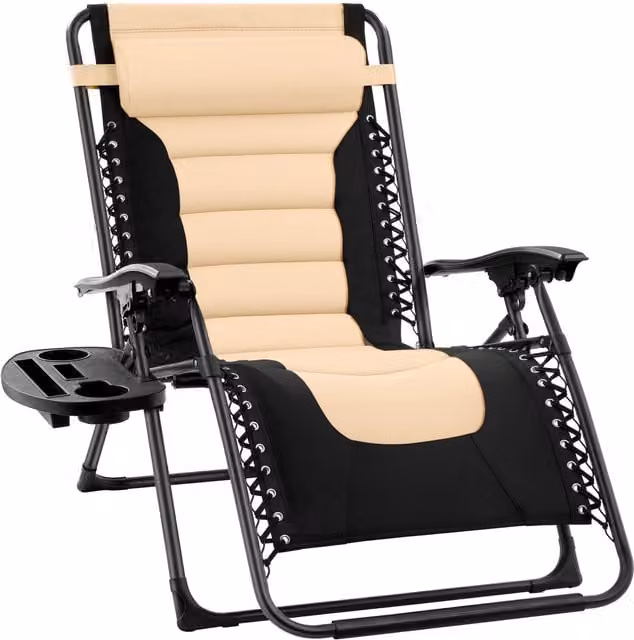 Groundlevel Extra Wide Zero Gravity Garden Chair with Padded Seat and Adjustable Headrest in Beige