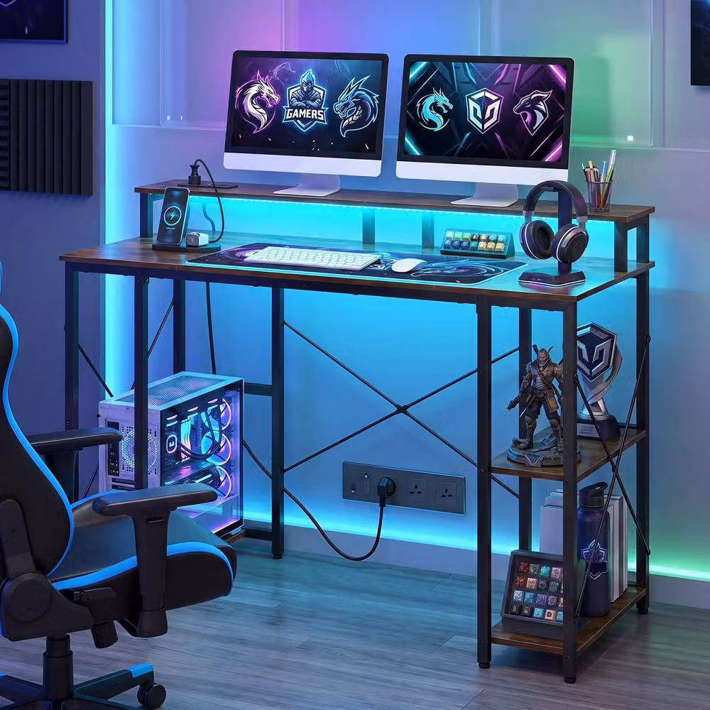 Gymax Brown Gaming Desk with Charging Station and LED Lights – 3