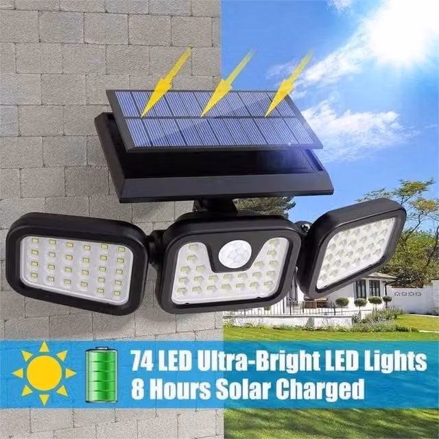 Nordara 74 LED Solar PIR Motion Sensor Garden Security Floodlight in Black