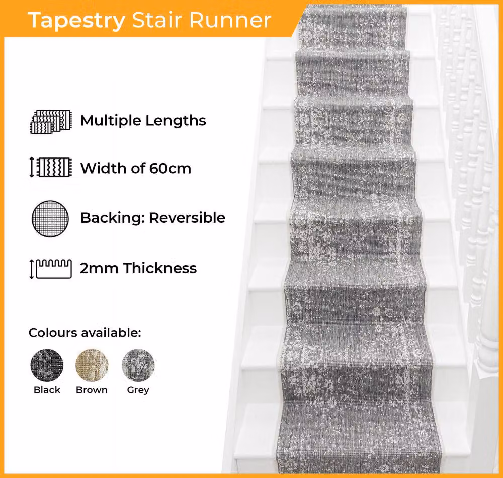 runrug Tapestry Stair Runner Carpet, Reversible and Durable, Black, W: 60 cm, L: 630 cm – 2