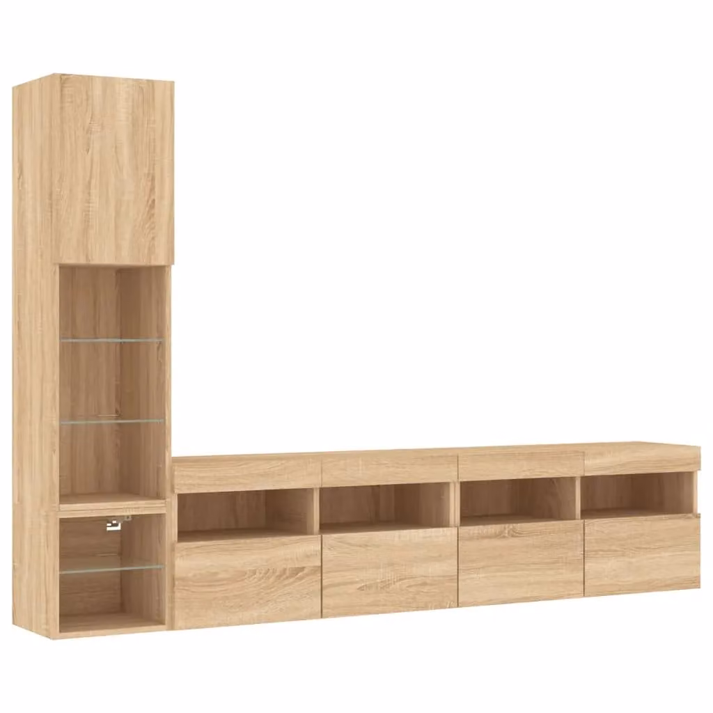 Berkfield Home 4 Piece Modern Wall Mounted TV Unit Set in Sonoma Oak Brown with Integrated LED Lighting