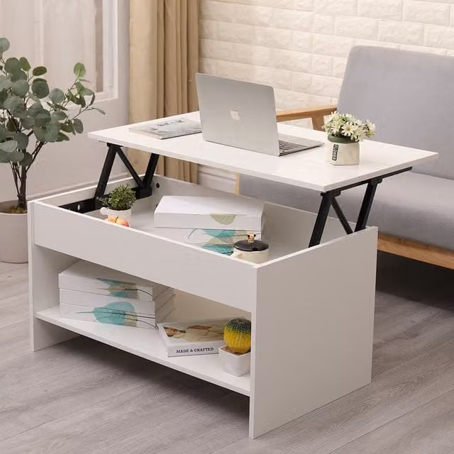 HMD White and Grey Modern Coffee Table with Lift Up Top and Bottom Storage Shelf
