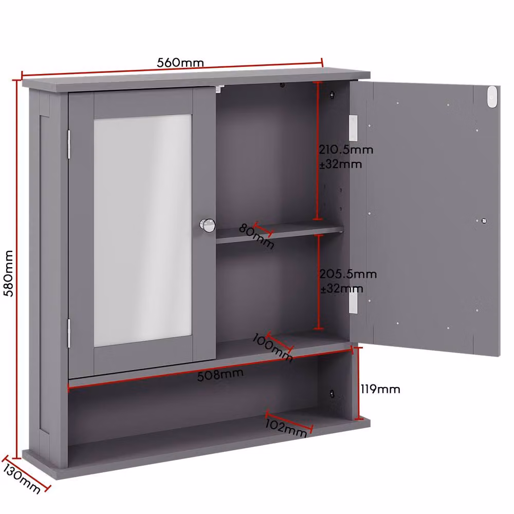 HD Designs Priano 2 Door Mirrored Wall Cabinet with Internal Shelves in Dark Grey, W/D/H: 58 x 13 x 56 cm – 2