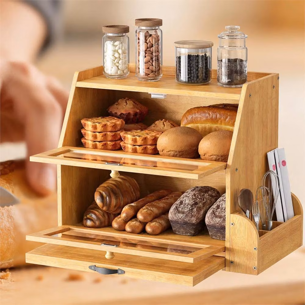 NESTLUNE Bamboo Bread Box for Kitchen Countertop Food Storage in Natural Brown, W/D/H: 100 x 15 x 15 cm – 5
