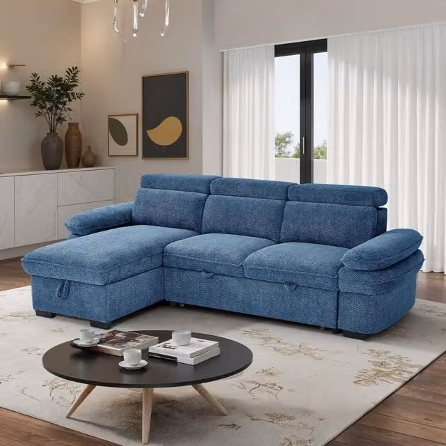 Furnishings For Less UK Blake Reversible L-Shape 4 Seater Fabric Corner Sofa Bed in Blue, W/D/H: 262 x 166 x 84 cm