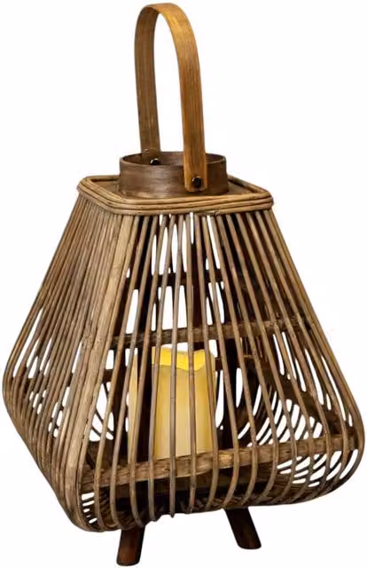 Four Candle Small Brown Bamboo Rattan Tabletop Lantern with LED Tealight, H 31.0 cm x W 25.0 cm x D 25.0 cm