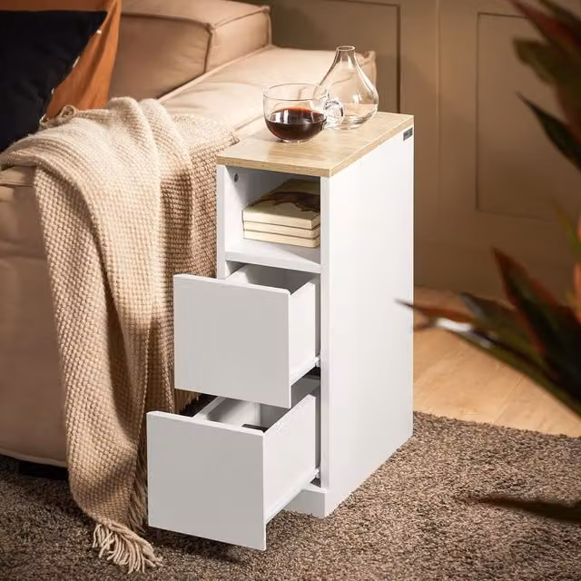 SoBuy Modern White Side Table with 2 Drawers for Living Room or Bedroom