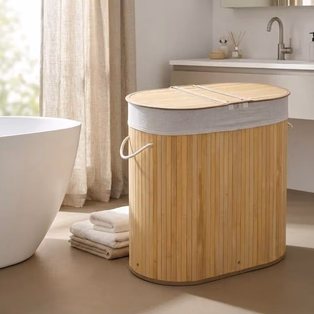 STILVORA 100L Bamboo Laundry Basket with Lid, Removable Bag and Handles in Beige/Sand – 1
