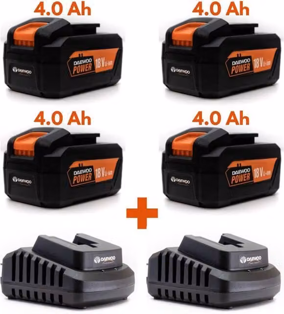Daewoo U-FORCE 18V 4.0Ah Battery and 2 x Chargers Set, Black and Orange