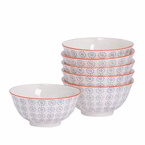 Nicola Spring Hand-Printed Porcelain Cereal Bowls, Purple and White, Pack of 6, Diameter: 16 cm – 1