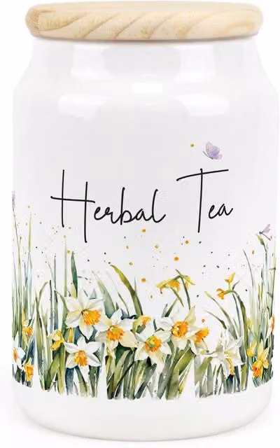 Purely Home Spring Daffodils Ceramic Herbal Tea Storage Canister in Green and White