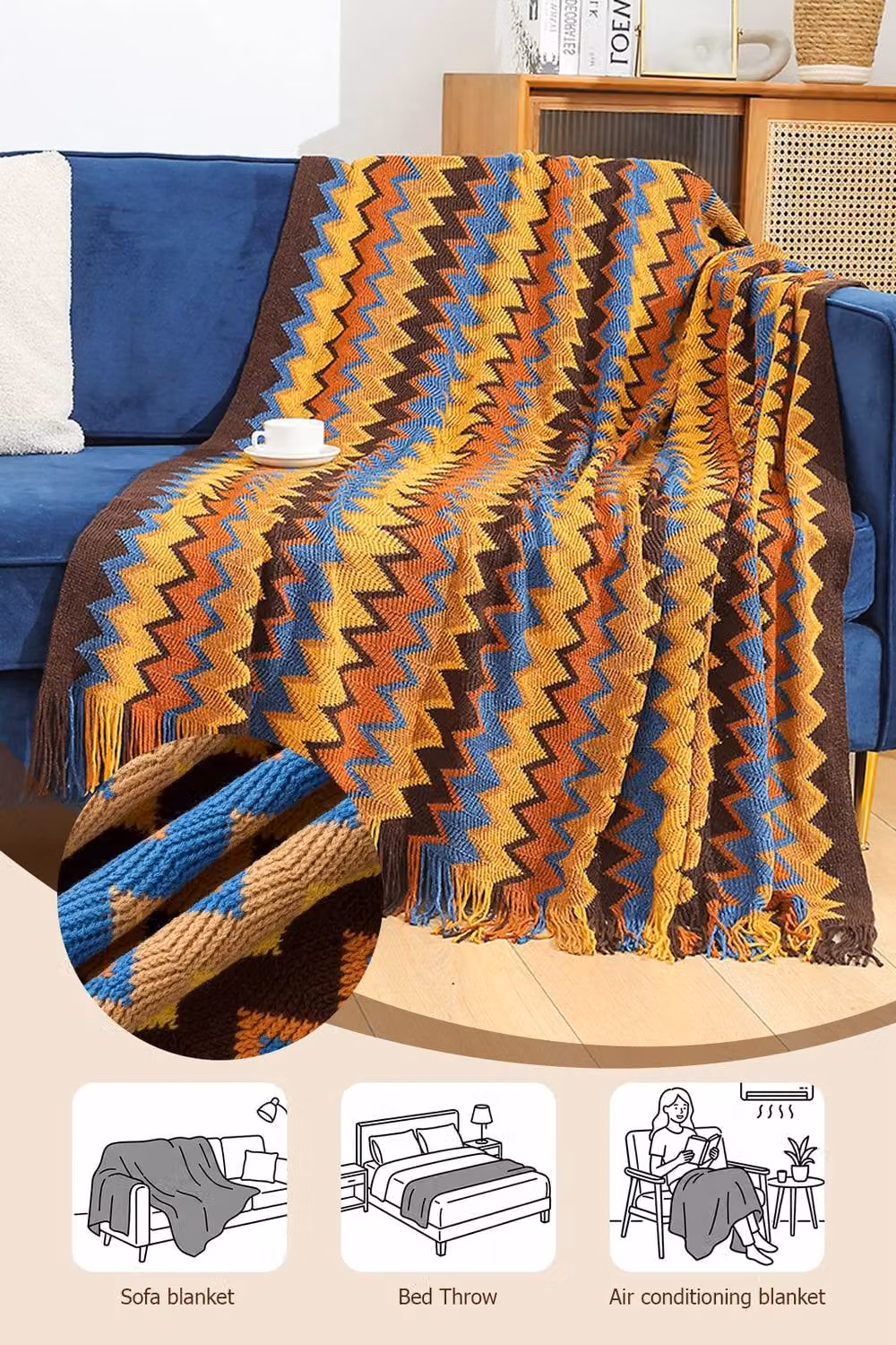 Garden Sanctuary Multicolour Bohemian Chevron Knitted Throw Blanket with Tassels – 3