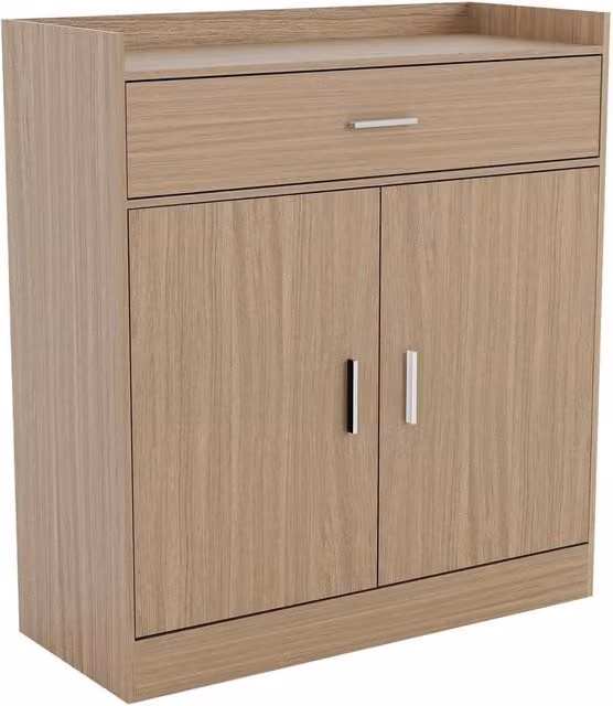 Kelvenix Oak 2 Door 1 Drawer Shoe Cabinet in Brown with Glass Doors, W/D/H: 82 x 34 x 90 cm – 1