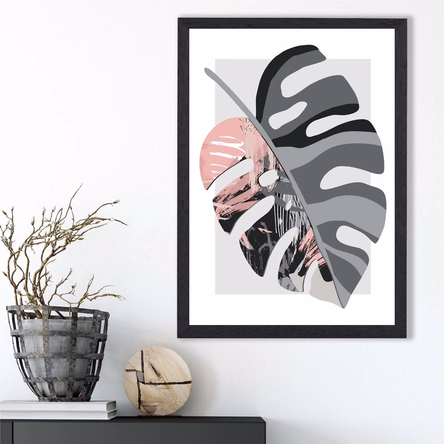 ARTZE Monstera Boho Botanical Framed Print in Grey and Pink with Black Frame – 2