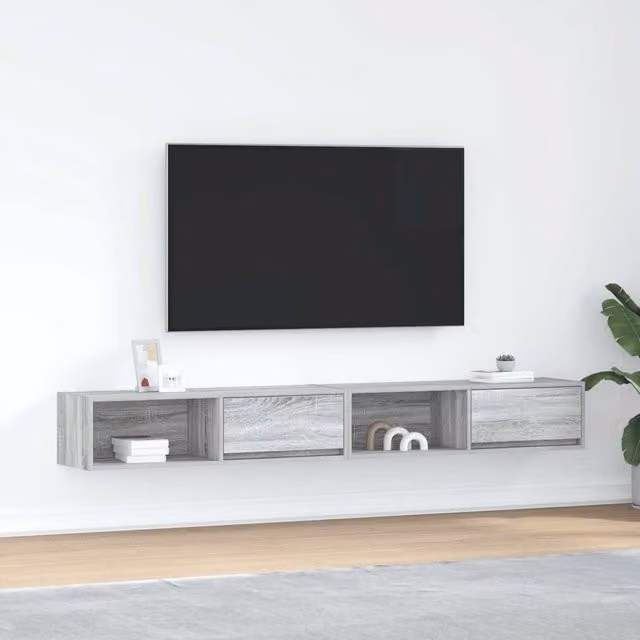 Berkfield Home Set of 2 Modern Grey Sonoma Wall Mounted TV Cabinets, W/D/H: 100 x 31 x 25.5 cm
