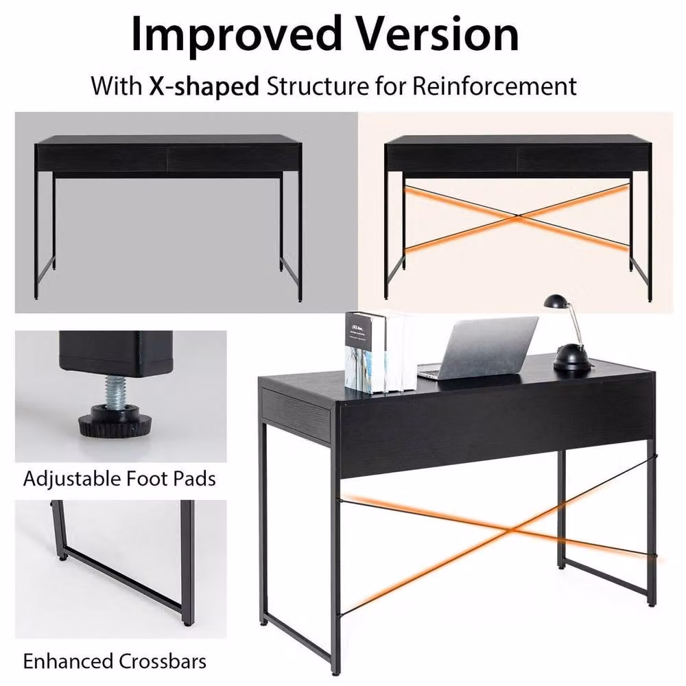SPETLEK Modern Wooden Computer Desk with 2 Drawers in Black – 5