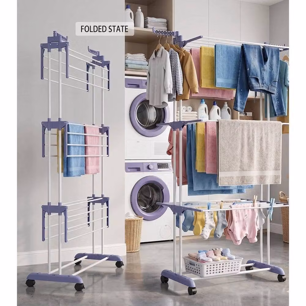 EONLION 4 Tier Foldable Metal Clothes Airer Rack with Wheels in Blue, 100 cm – 2