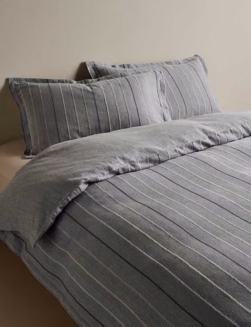 M&S Pure Cotton Striped Duvet Cover and Pillowcase Set, Grey, W: 140 cm, L: 200 cm