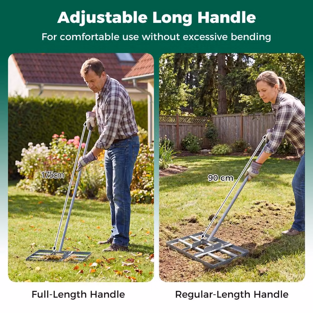 Costway Heavy-Duty Metal Lawn Leveling Rake with Adjustable Handle in Silver – 7