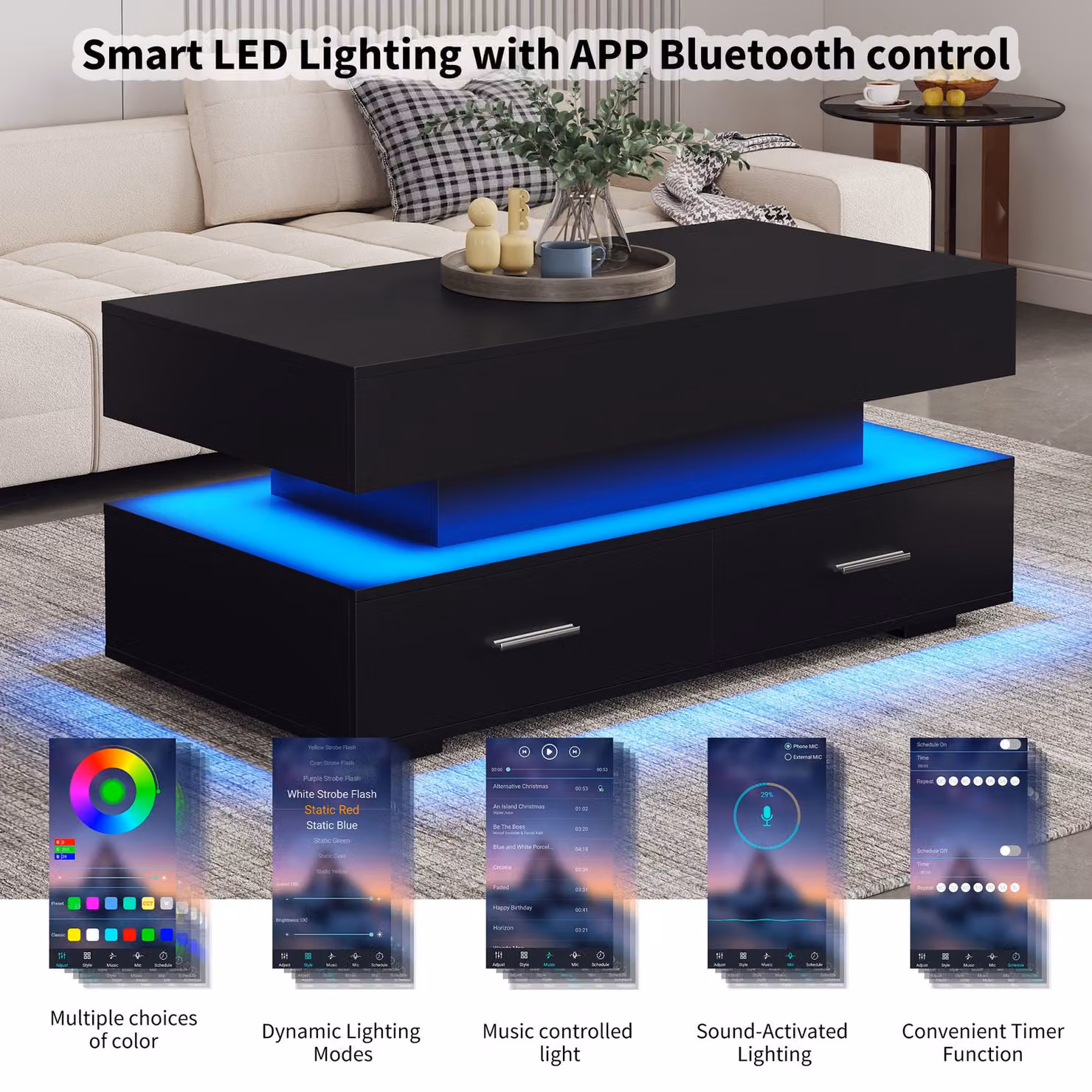 Aosom.UK Black Hydraulic Lift Top Coffee Table with LED Lighting and 2 Drawers, W: 100 cm, D: 50 cm, H: 44 cm – 4