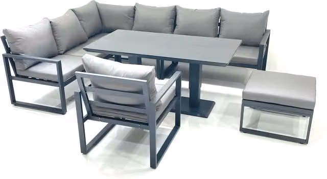 Fimous Aluminium Outdoor Garden Furniture Set in Dark Grey with Adjustable Height Dining Table, Corner Sofa, Big Footstool and Chairs