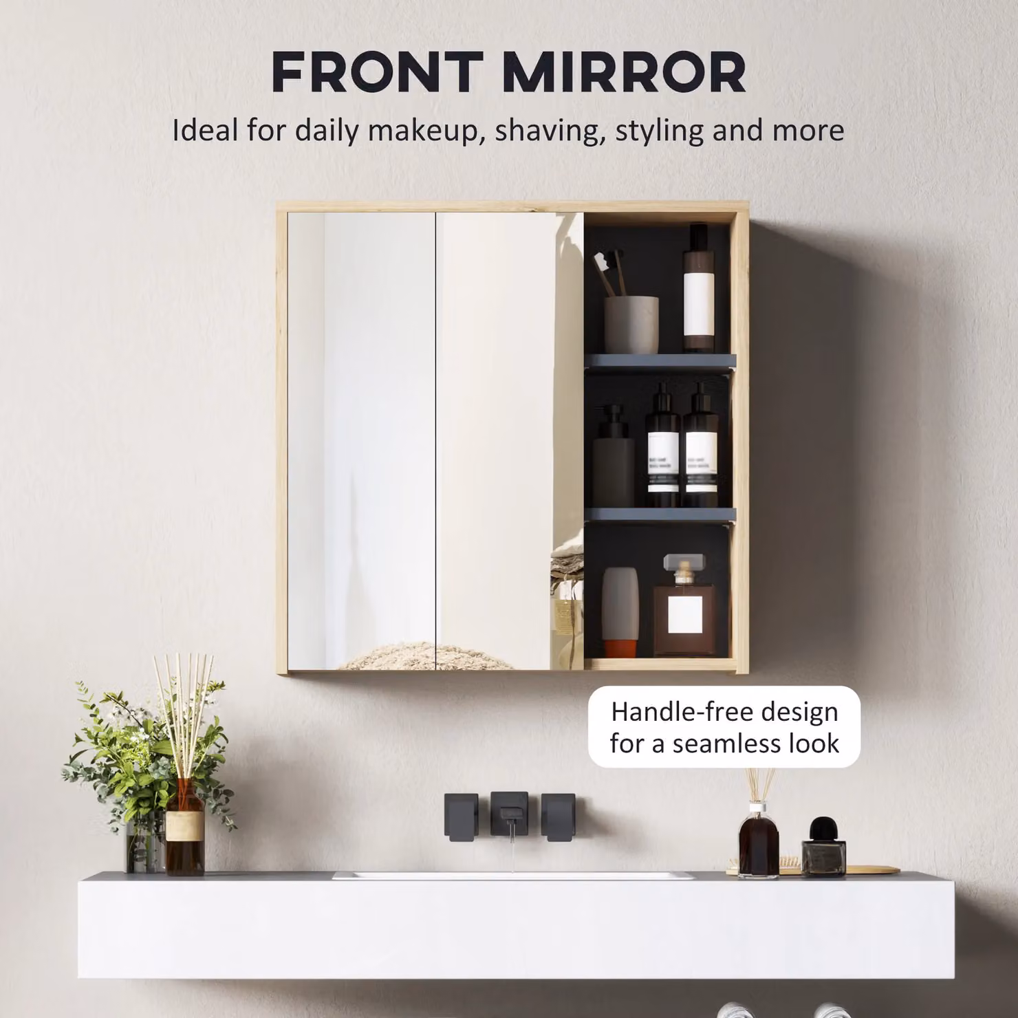 HOMCOM Wall Mounted Natural Bathroom Cabinet with Mirror and Internal Shelves – 4