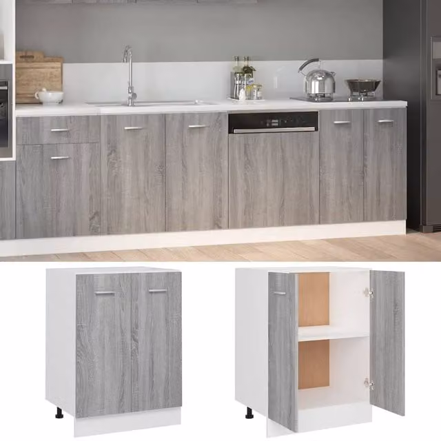 Berkfield Home Premium Grey Sonoma Kitchen Base Unit with Hinged Doors, W/D/H: 60 x 46 x 81.5 cm